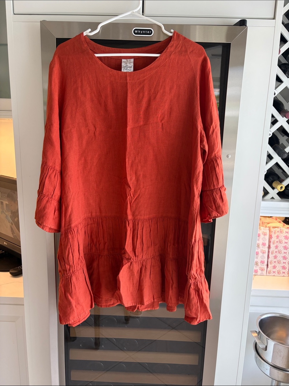 Match Point USA Linen Tiered Tunic Top Rust Orange Boho Bell Sleeves Sz Medium